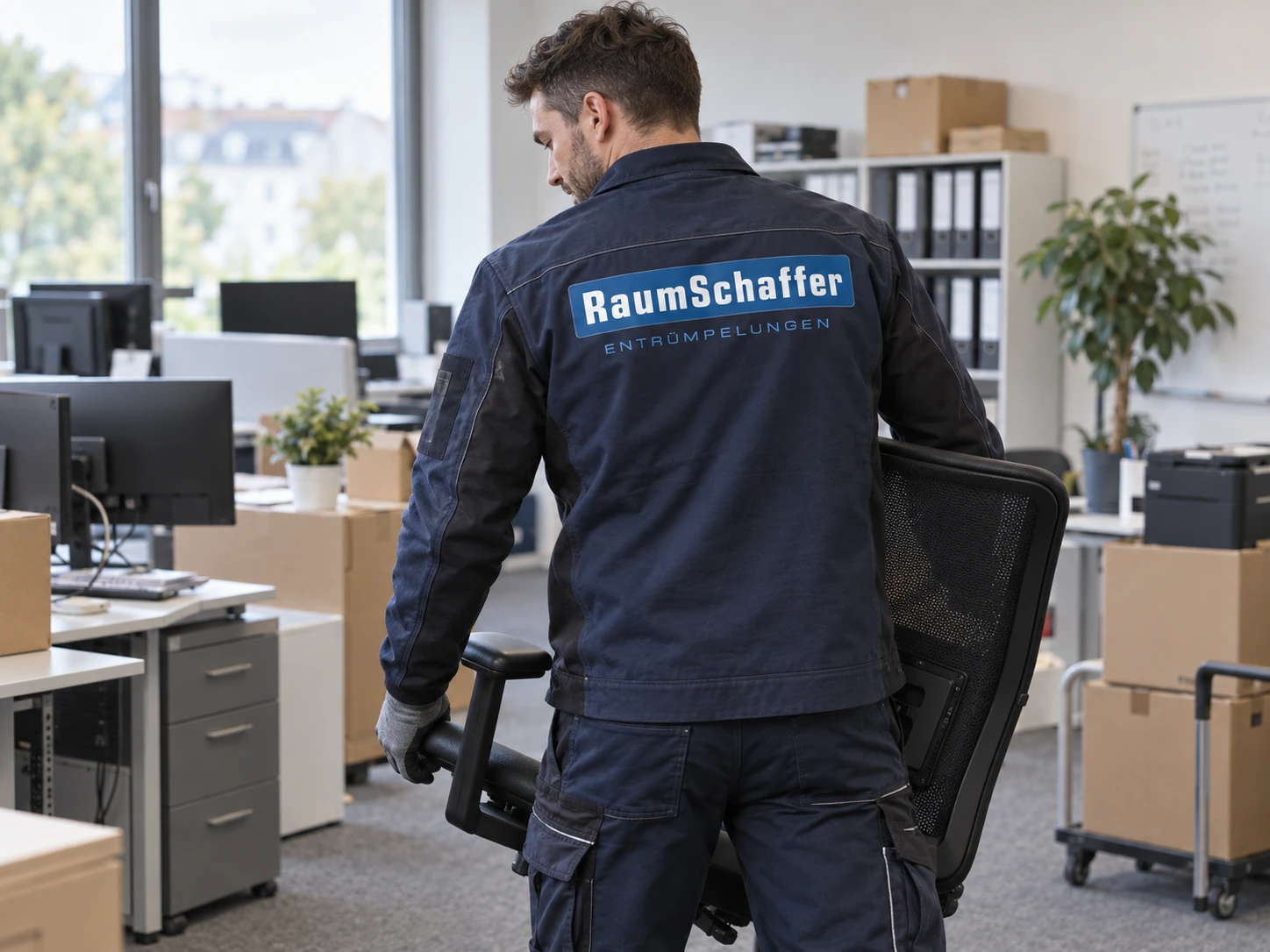 RaumSchaffer-Mitarbeiter trägt einen Bürostuhl bei einer Betriebsauflösung