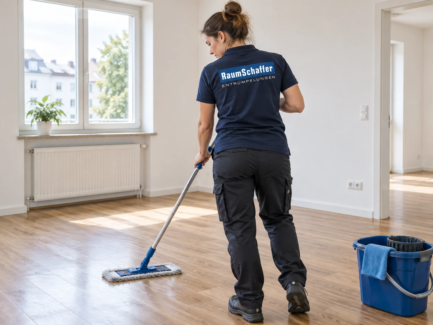 RaumSchaffer-Mitarbeiterin wischt den Boden einer leeren Wohnung