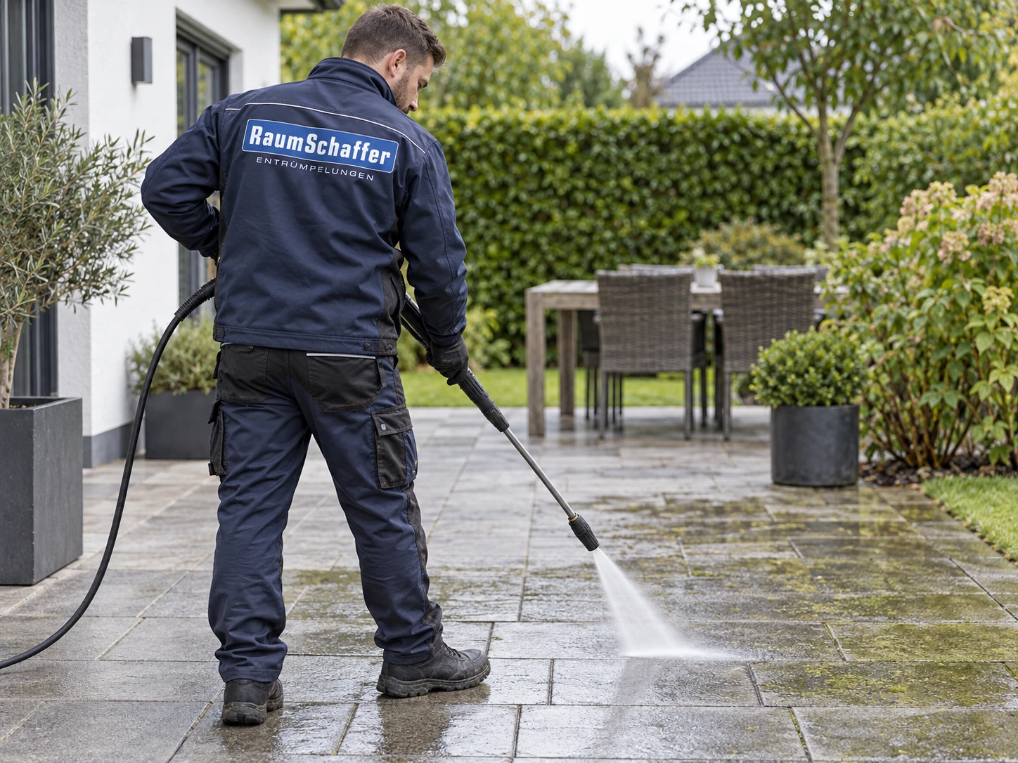 RaumSchaffer-Mitarbeiter reinigt eine Terrasse mit dem Hochdruckreiniger